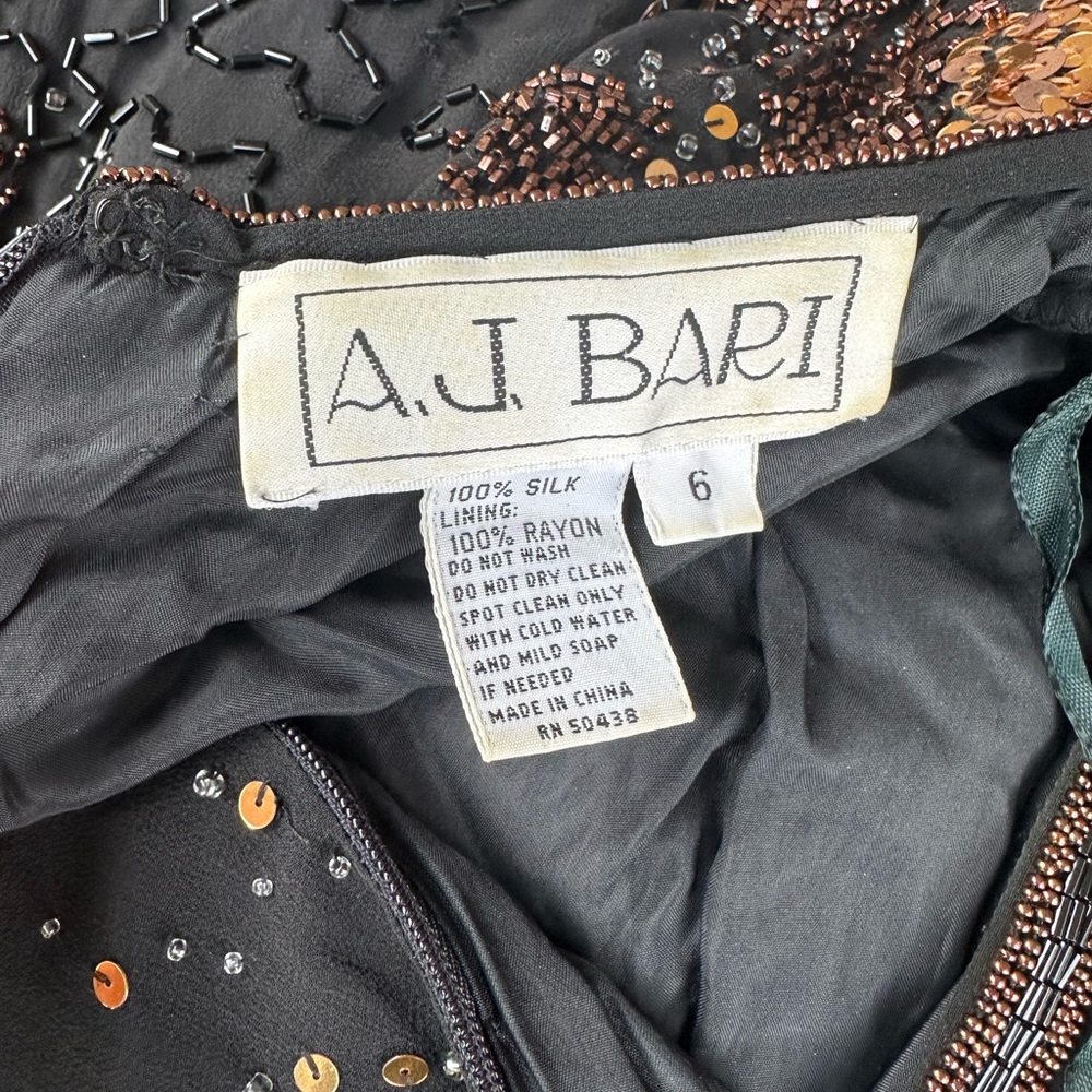 Vintage 80s A.J. Bari Size 6 Black Silk Sequin Beaded Illusion Dress - Picture 6 of 12
